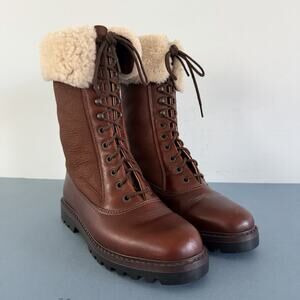 La Canadienne Brown Leather Lace-Up Shearling Lined Mid Calf Winter Boots